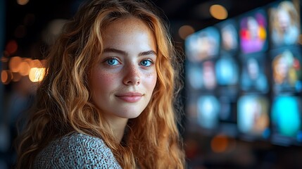 Fototapeta premium Portrait of a young woman with curly red hair and blue eyes, looking directly at the camera.