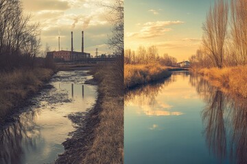 Dichotomy of Environmental Impact Polluted River vs. Clean Reflection at Sunset.