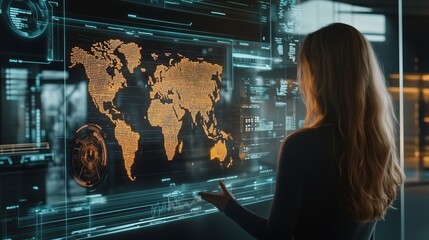 Woman analyzing worldwide business data on futuristic digital interface