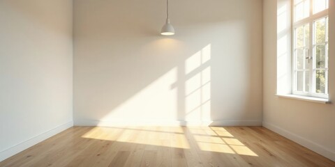 Sunlight streams into a minimalist empty room with hardwood floors and a single pendant light