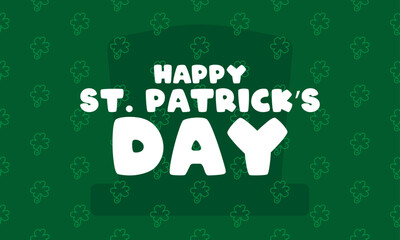 Happy St. Patrick's Day. Seamless pattern clover leaf line icon on green background. Hat silhouette. Flat design vector. Poster, banner, card, background.