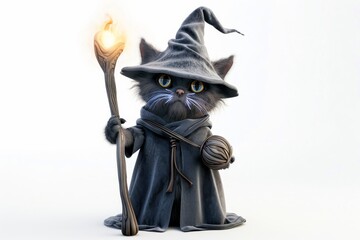 Enchanting feline wizard cat with glowing staff in mystical attire