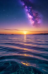 Clear Ocean Water Under Sunset and Starry Galaxy Sky Phone Background

