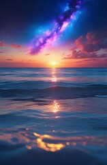 Fototapeta premium Clear Ocean Water Under Sunset and Starry Galaxy Sky Phone Background 