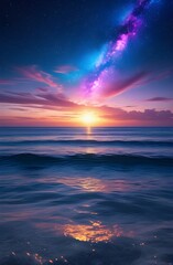 Fototapeta premium Sunset Over the Ocean with Starry Night and Galaxy Sky Phone Wallpaper 