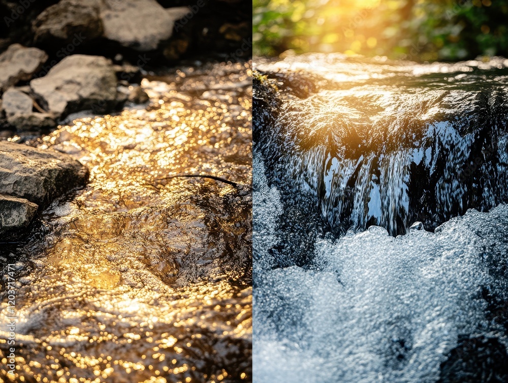 Aufkleber split view of golden hour stream and cool blue waterfall with bokeh effects.