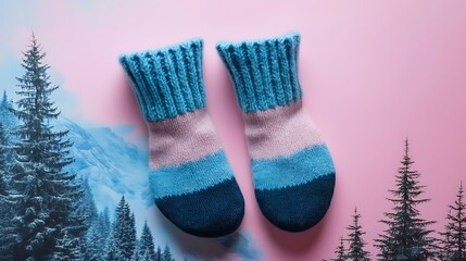 Winter cabin socks with wooly feel on pink and blue background