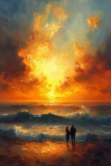 Obraz premium Romantic couple standing in the ocean at sunset