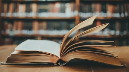 Fototapeta premium The Allure of Library: Open Textbook on Reading Desk Igniting Knowledge Quest