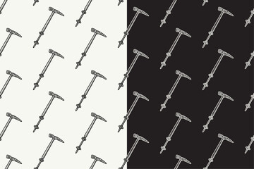 hiking poles doodle seamless pattern on black white background set. hatching outdoor trekking poles background. walking stick engraving wallpaper. pattern background with trekking poles for adventure