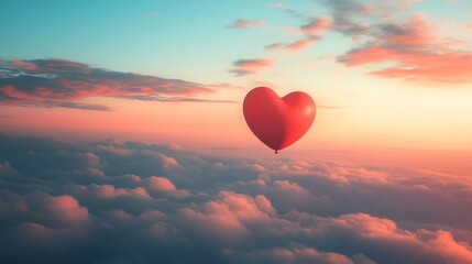 A heart-shaped balloon floating in the sky on Valentineâ€™s Day, surrounded by soft clouds and soft pink hues