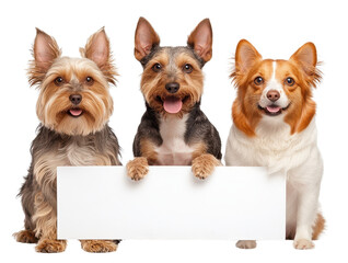 Three happy dogs holding a blank sign.