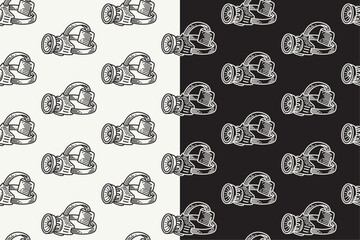 LED headlamp doodle seamless pattern on black white background set. retro flashlight with strap background. LED head lantern engraving wallpaper. headlight with strap pattern background for adventure