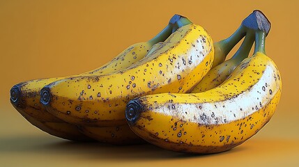 Ripe Bananas: Three slightly overripe bananas, speckled with brown spots, rest together against a warm orange background, showcasing their natural texture and color. 