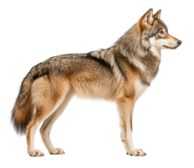 A majestic wolf in profile view stands gracefully.