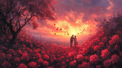 Fototapeta premium Romantic couple walking through a heart-filled path