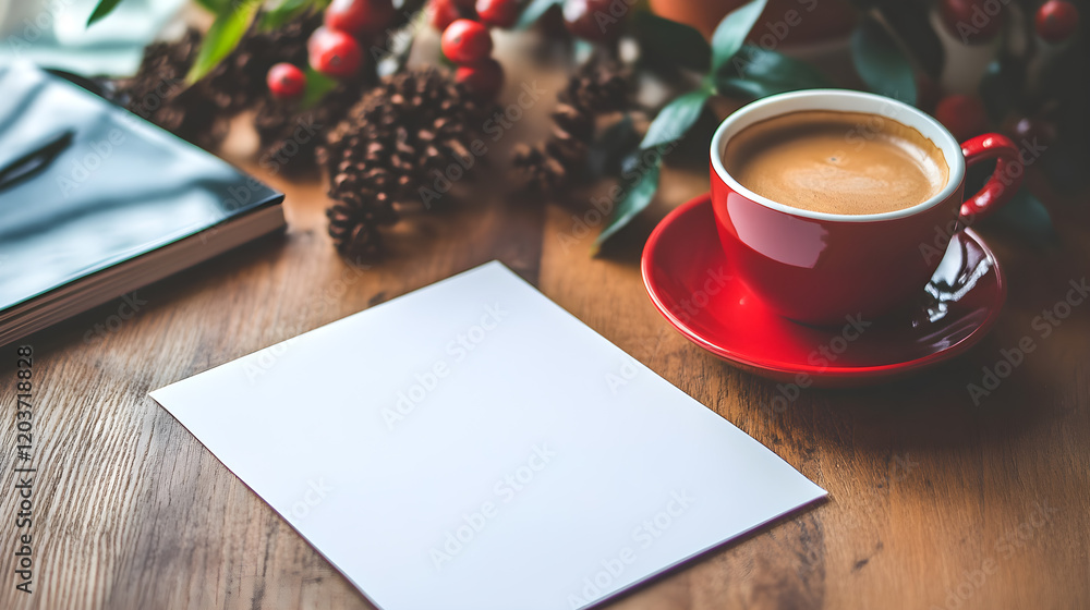 Poster a red coffee mug with coffee is placed on the desk and a blank white sheet of paper is tilted with s