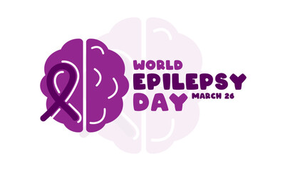 World Epilepsy Day. Purple Day. March 26. Brain icon with purple ribbon. Poster, banner, card, background.