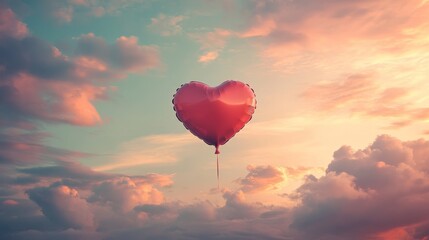 Fototapeta premium A heart-shaped balloon floating in the sky on Valentineâ€™s Day, surrounded by soft clouds and soft pink hues