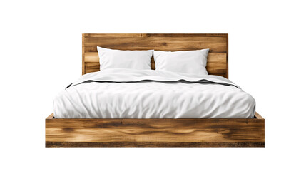 Modern wooden bed with white bedding and pillows isolated on transparent background.