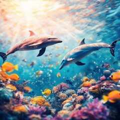 Fototapeta premium Underwater scene with dolphins swimming among colorful fish