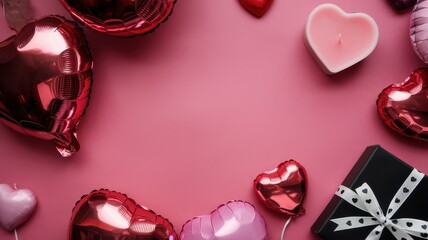 Black box with a red ribbon sits on a pink background