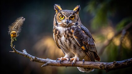 Great Horned Owl Hunting: Majestic Bird Perched in Tree with Prey