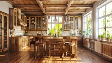 Wooden home kitchen interior with bar island