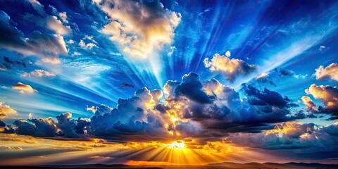 Fototapeta premium Serene Desktop Background of Blue Sky with Dark Clouds and Sunlight Breaking Through â€“ Ideal for Tranquil Workspace Inspiration