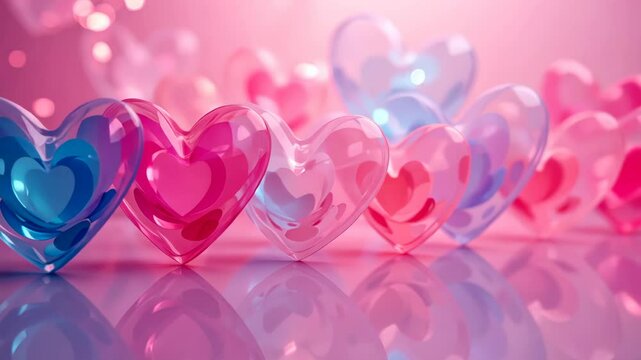 Transparent hearts with polka dots on pink background.