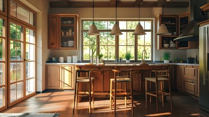 Wooden home kitchen interior with bar island