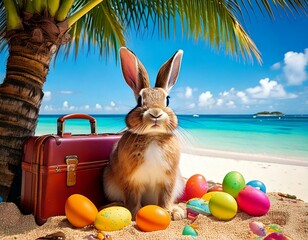 Osterhase am tropischen Strand mit Reisekoffer – Osterkampagne für die Reisebranche