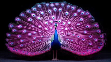 Peacock in Purple Majesty: A vibrant peacock displays its resplendent train, feathers ablaze with iridescent purple and pink hues against a dramatic black backdrop. © ภูริพัฒน์ ภิรมย์กิจ