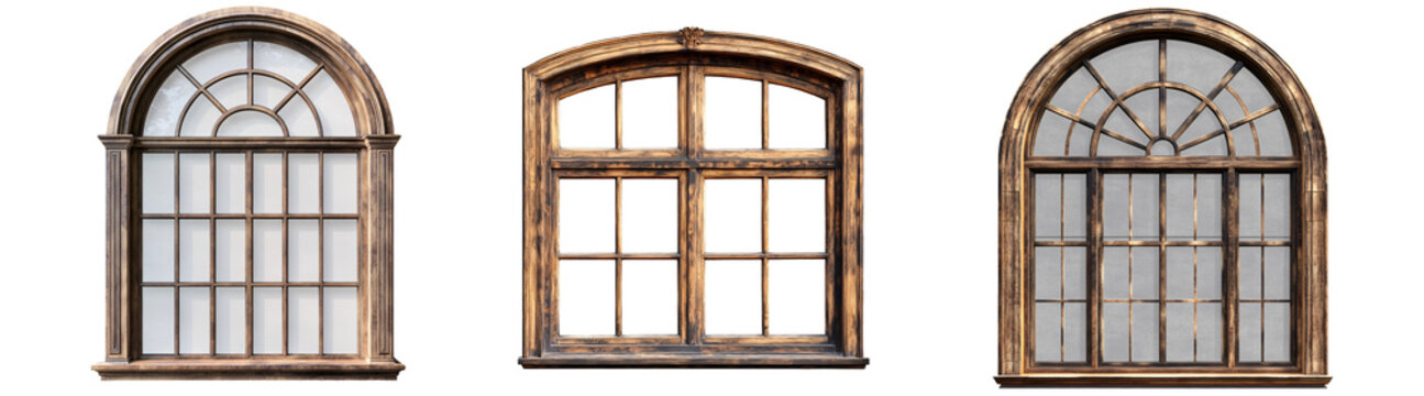 Fototapeta Vintage arched wooden window frame, isolated on transparent background.
