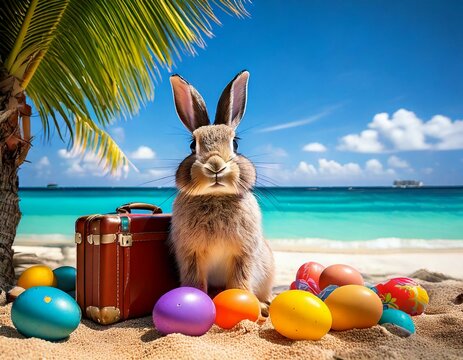 Osterhase am tropischen Strand mit Reisekoffer &ndash; Osterkampagne f&uuml;r die Reisebranche