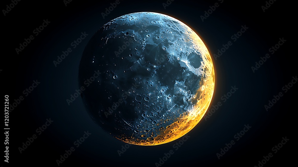 Wall mural celestial crescent: a mesmerizing view of a crescent moon, its surface a blend of deep blues and vib