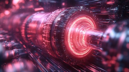 Cybernetic Core: A mesmerizing close-up of a futuristic, biomechanical engine core pulsates with vibrant red neon light.