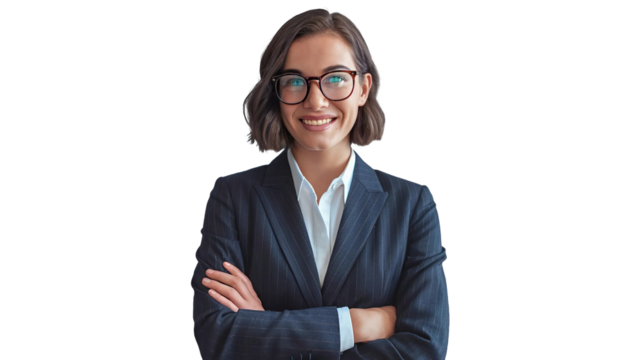 Confident businesswoman in a navy suit, ready for success isolated on transparent background - Powered by Adobe