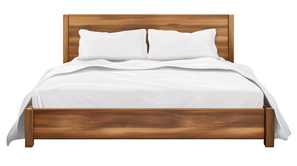 Modern wooden bed with white bedding and pillows isolated on transparent background.