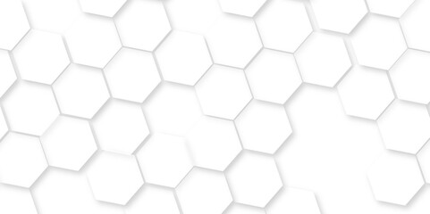 Minimal white hexagonal hexagon modern technology,Abstract white and grey color hexagonal geometric background with copy space,Surface polygon pattern with glowing hexagon paper texture and futuristic