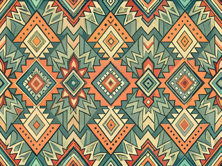 Seamless geometric pattern with abstract shapes and colors.