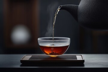 Fototapeta premium Dark teapot pouring hot tea into a glass bowl. Perfect for websites, blogs, or articles about tea ceremonies and relaxation.