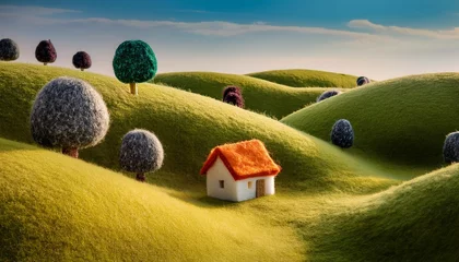 Gordijnen a whimsical landscape featuring rolling hills trees and a small house made of wool felt material © Roger
