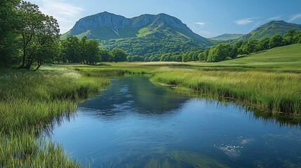 Serene river flowing through lush green valley, reflecting mountains under a clear sky.