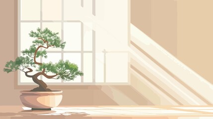 Fototapeta premium Elegant Japanese Bonsai Plant on Table by Window, Space for Text