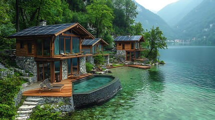 Obraz premium Lakeside eco-friendly cabins with infinity pool, solar panels, and mountain views.
