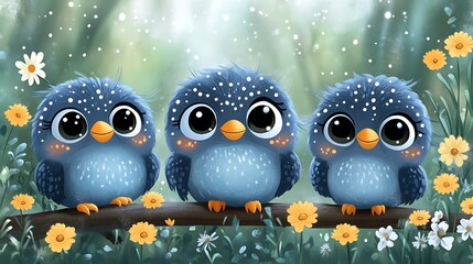 Obraz premium Three Little Bluebirds: A trio of adorable bluebirds with big, bright eyes and a sprinkle of white dots on their feathers perch together on a branch surrounded by blooming yellow flowers.