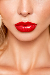 Sexy Red Lips close up. Beautiful Perfect Makeup. Beautiful red Lip Gloss. Cosmetic. big lips....