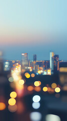 Blurred Abstract Background With Glowing Bokeh Lights In Warm Tones Subtly Contrasted With Cool Shadows Of A Cityscape Faint Outlines Of Buildings.