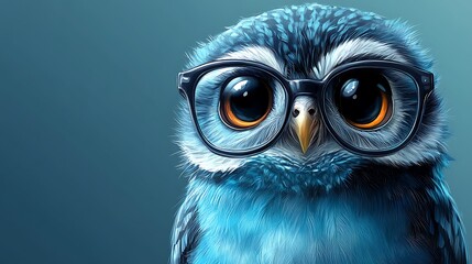 Fototapeta premium Professor Owl: A charming illustration of a blue owl wearing spectacles, exuding intelligence and a touch of whimsy. The large, expressive eyes add to its captivating appeal.